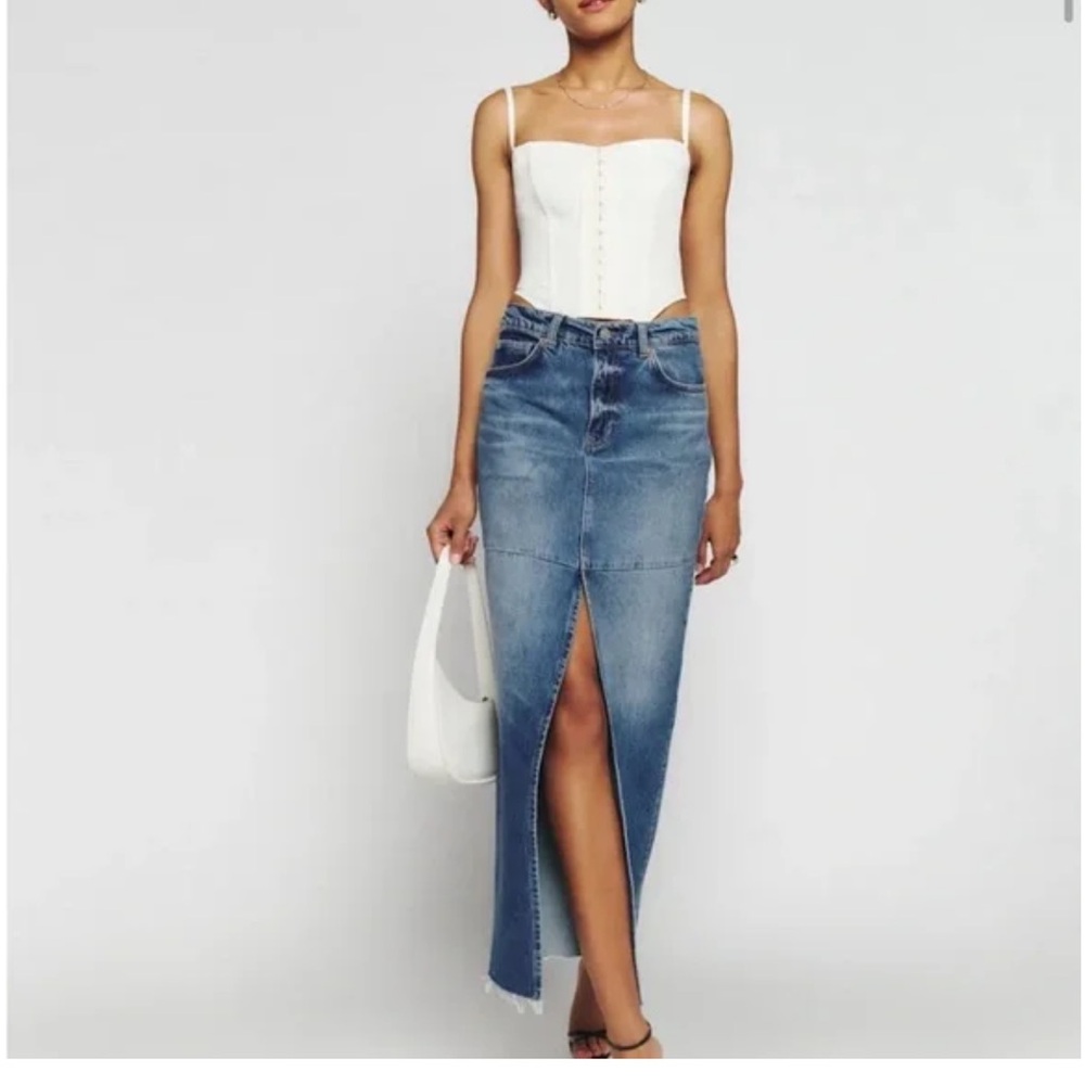 Reformation Blue Denim Midi Skirt